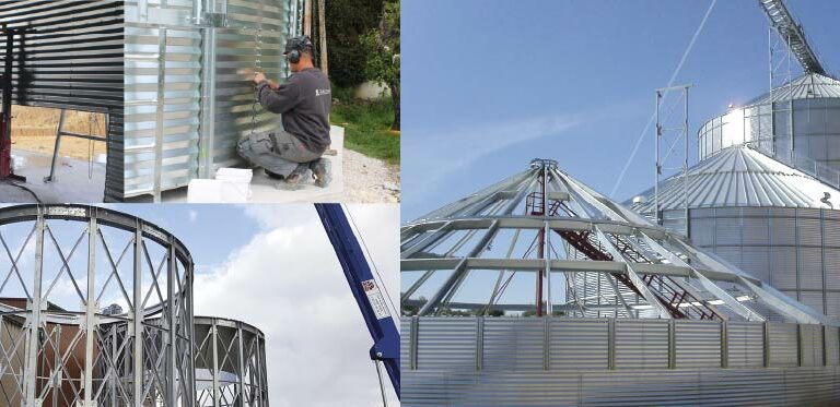 grutage en cours de montage sur silo à grain cellule technicien