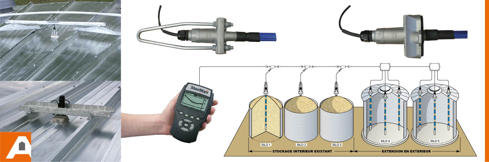 header thermométrie câbles stormax supports de fixation sur toit du silo pour thermométrie