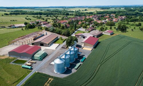 Installation Agriconsult 4 silo à fond plat élévateur et manutention 100 T:h boisseau de chargement vue aérienne